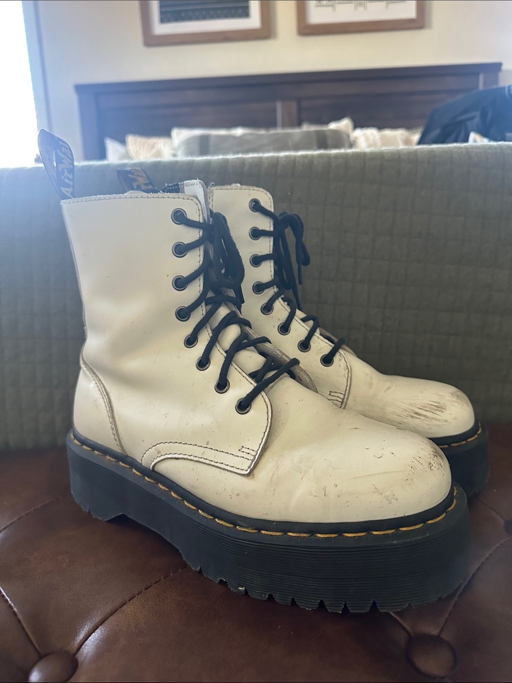 Dr. Martens White Lace-Up Platform Combat Boots with Black Laces
